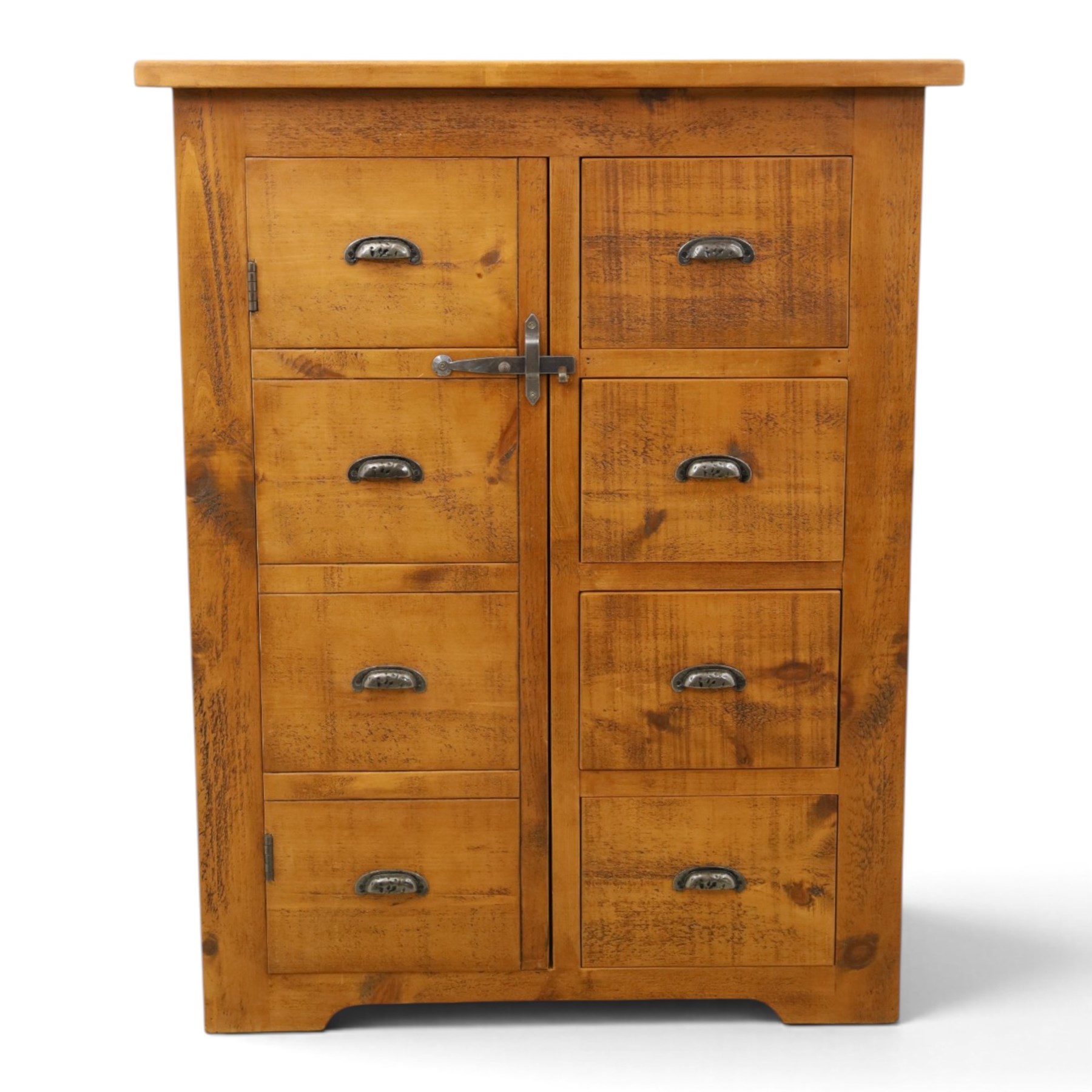 Indigo Furniture - large rustic oak cupboard with faux-drawer fronted cupboard, rectangular top above a cupboard door to the left with latch, a bank of four drawers to the right, metal cup handles raised on shaped supports