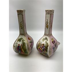 Pair of Dresden square section bottle shaped vases and covers, decorated with alternating scenes of 18th century courting couples and flowers on pink ground, each marked Dresden beneath H35cm overall