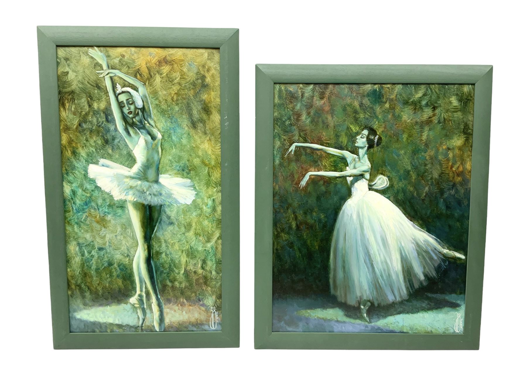 Valeko Gogiashvili (Georgian contemporary): Ballerinas in Green, near pair textured prints on board signed and dated 2004 max 60cm x 42cm (2)