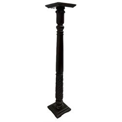 Victorian mahogany torchère or plant stand, square moulded top over turned column with lappet capital, carved with acanthus leaves, on stepped moulded square base