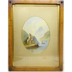 English School (19th century): Mountain lake scene, oval watercolour unsigned 39cm x 29cm in period oak frame
