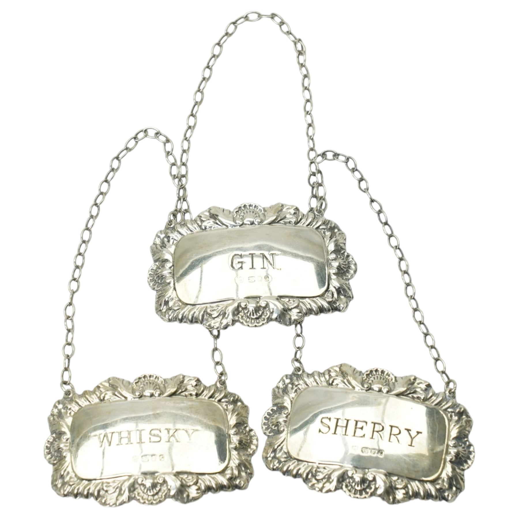 Set of three silver decanter labels Sherry, Gin and Whisky