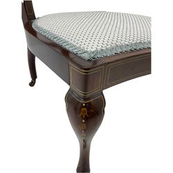 Pair of Edwardian inlaid rosewood salon chairs, low serpentine seats, inlaid urn motif back