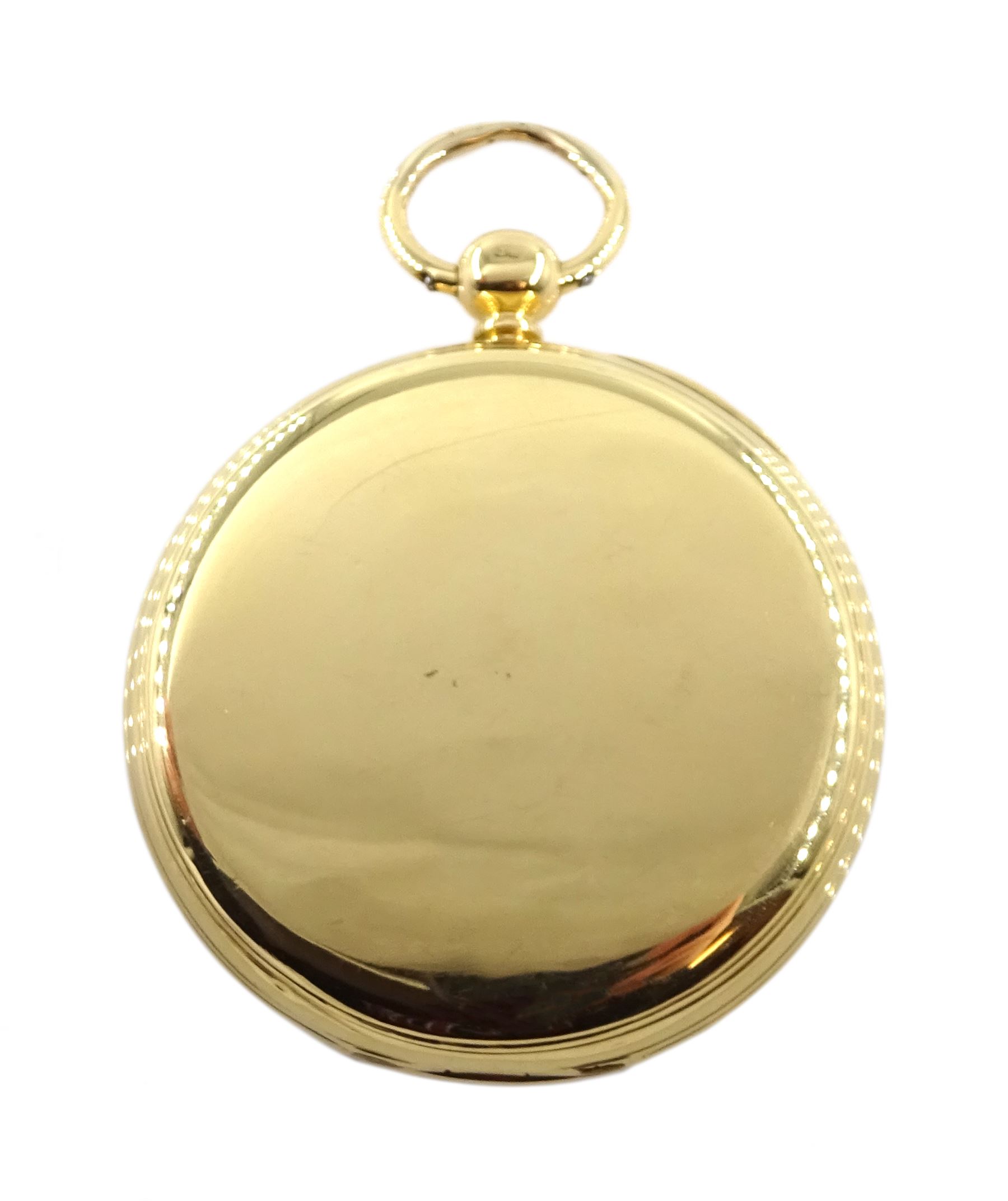 18ct gold open face English lever fusee 'up & down' pocket watch by Robert McInnes, Glasgow, No. 18571, table roller lever escapement, engraved balance cock with diamond endstone, white enamel dial with Roman numerals and subsidiary seconds dial, case by William John Hammon II, London 1877 