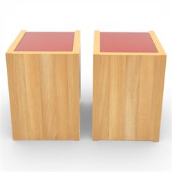 Sliderobes - modern dressing table and two bedside cabinets, red glass panels to top and drawer fronts, drawers with push to open mechanism, with veneered oak frames (Bedside tables H 56cm, D 50cm, W 40cm; Dressing table: H 83cm, D 50cm, W 135cm)