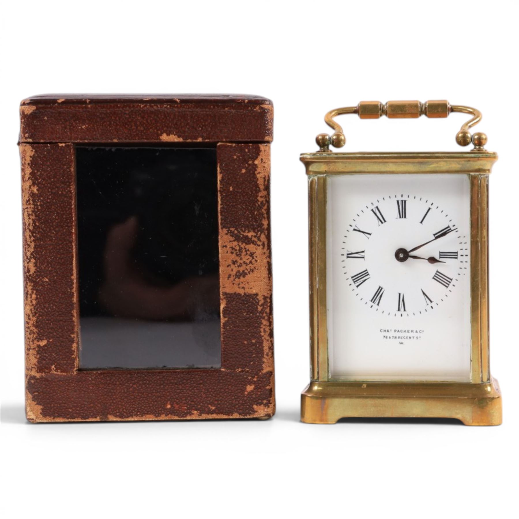 Richard & Co of Paris brass carriage clock with Roman dial, in original leather travel case, H13cm