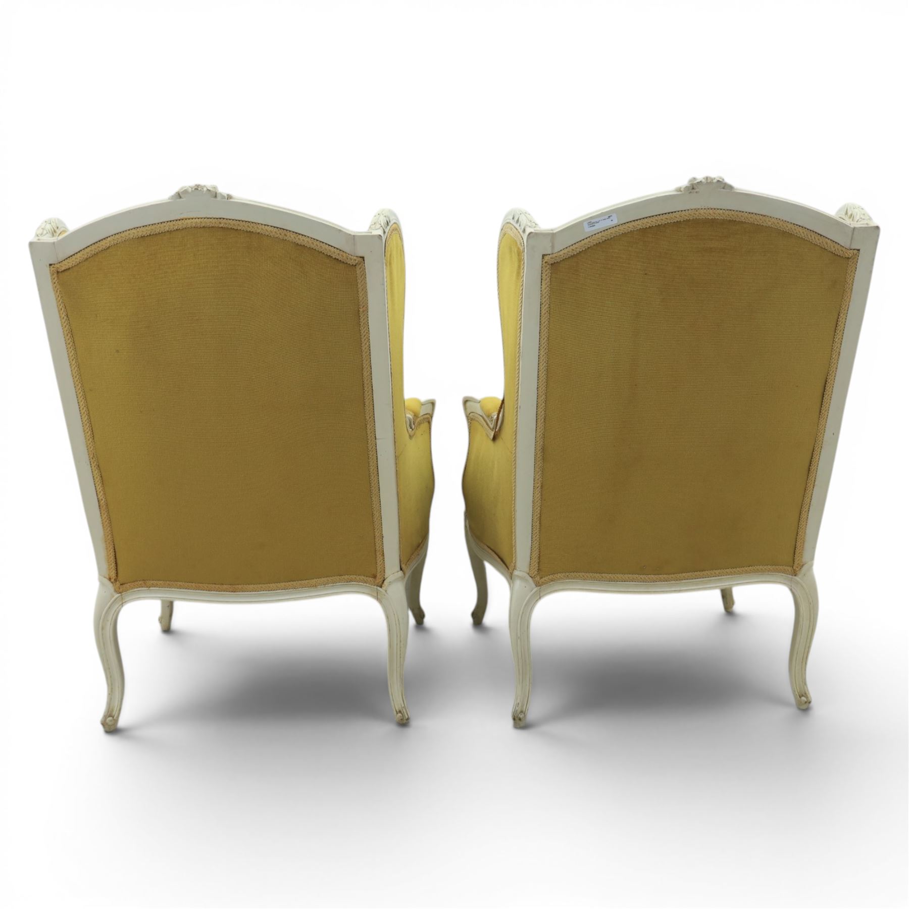 Pair of Louis the XV design white painted armchairs, upholstered in gold fabric with beige floral tapestry back and cushions