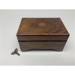 Small late 19th/early 20th century Swiss walnut cased musical box, the overglazed movement with 5cm cylinder and thirty-five tooth comb; the lid with card inscribed 'La Fauvette Salse' and 'Marche de Faust'; under base winding with key; serial no.50443, L12cm