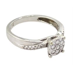 9ct white gold round brilliant cut diamond cluster ring, with diamond set shoulders, hallmarked, total diamond weight 0.20 carat