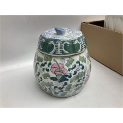 Doulton Lambeth Slaters vase of baluster form decorated with flowers, Chinese ginger jar in the form of a pumpkin, three Le Creuset red ramekins, Hornsea, Paragon Athena pattern tea wares, jardinière and other ceramics in two boxes 