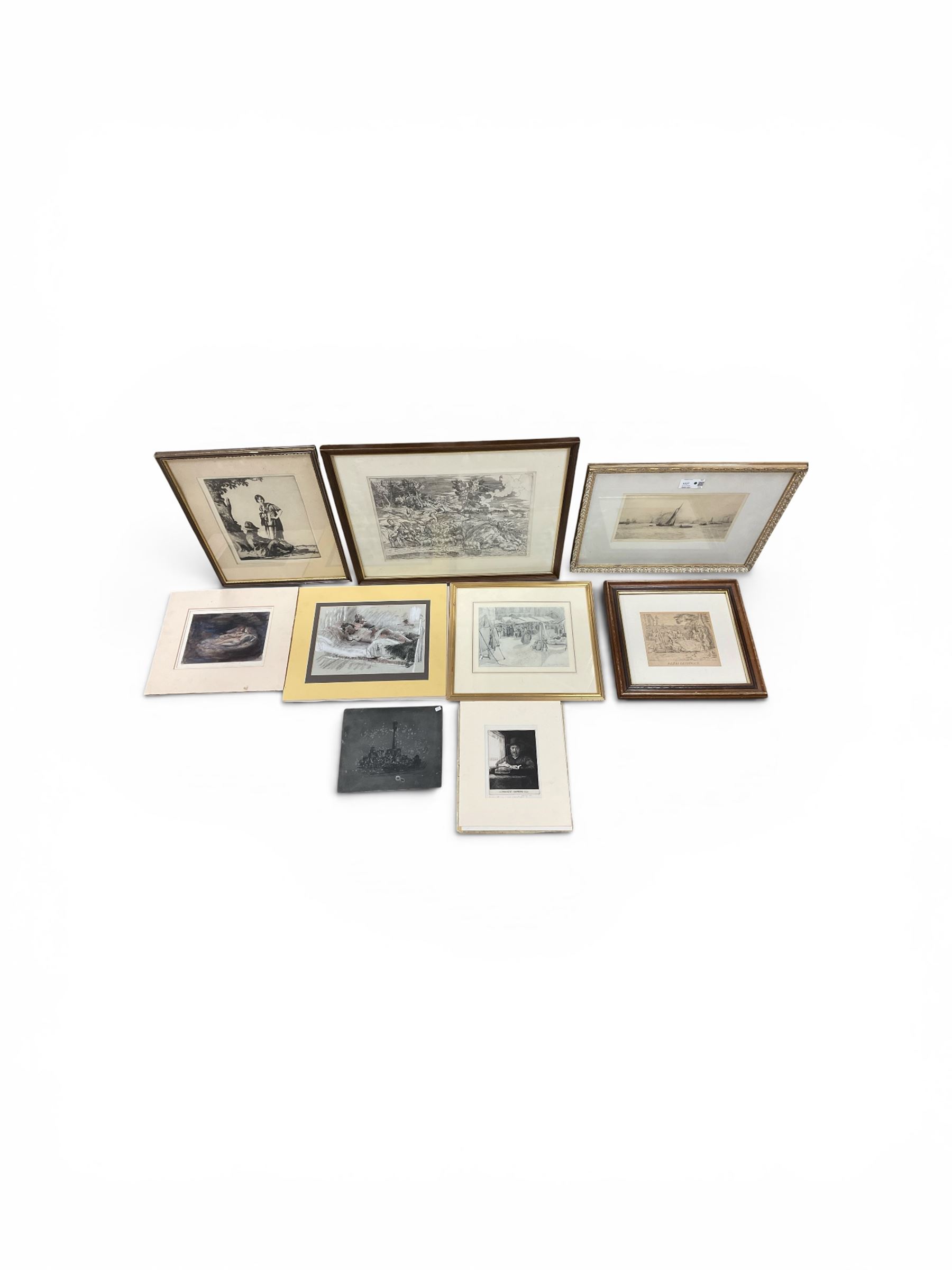 Collection of 19th/20th Century pencil drawings, mixed medias, etchings and prints, to include After Valentin Lefebre (Flemish 1637–1677): 'Landscape with Flute Playing Shepherd' and After Claude Gillot (French 1673-1722): 'Repas Distingue', variously signed titled and framed max 31cm x 43cm (9)