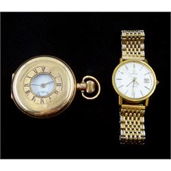 Omega gold-plated gentleman's quartz wristwatch, No. 1342, with date aperture, on gilt strap and a Trojan gold-plated half hunter keyless lever pocket watch (2)
