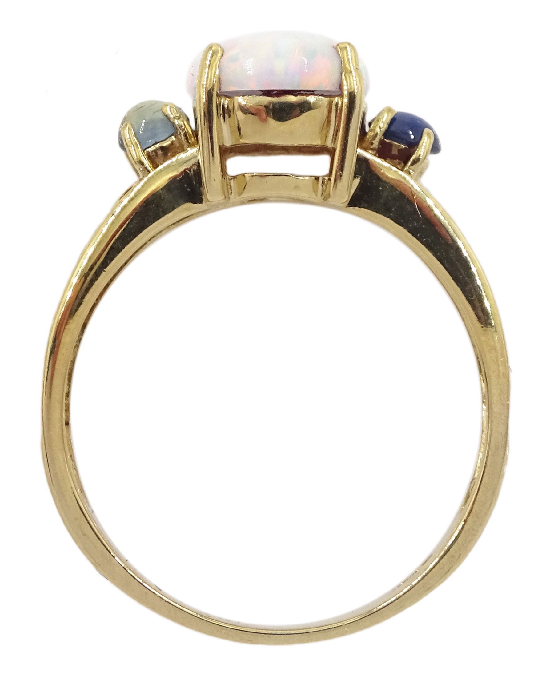 9ct gold three stone opal and sapphire ring, hallmarked