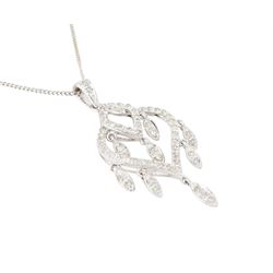 9ct white gold diamond pendant necklace, the openwork pendant set with single cut diamonds, suspending further single cut diamonds, both hallmarked