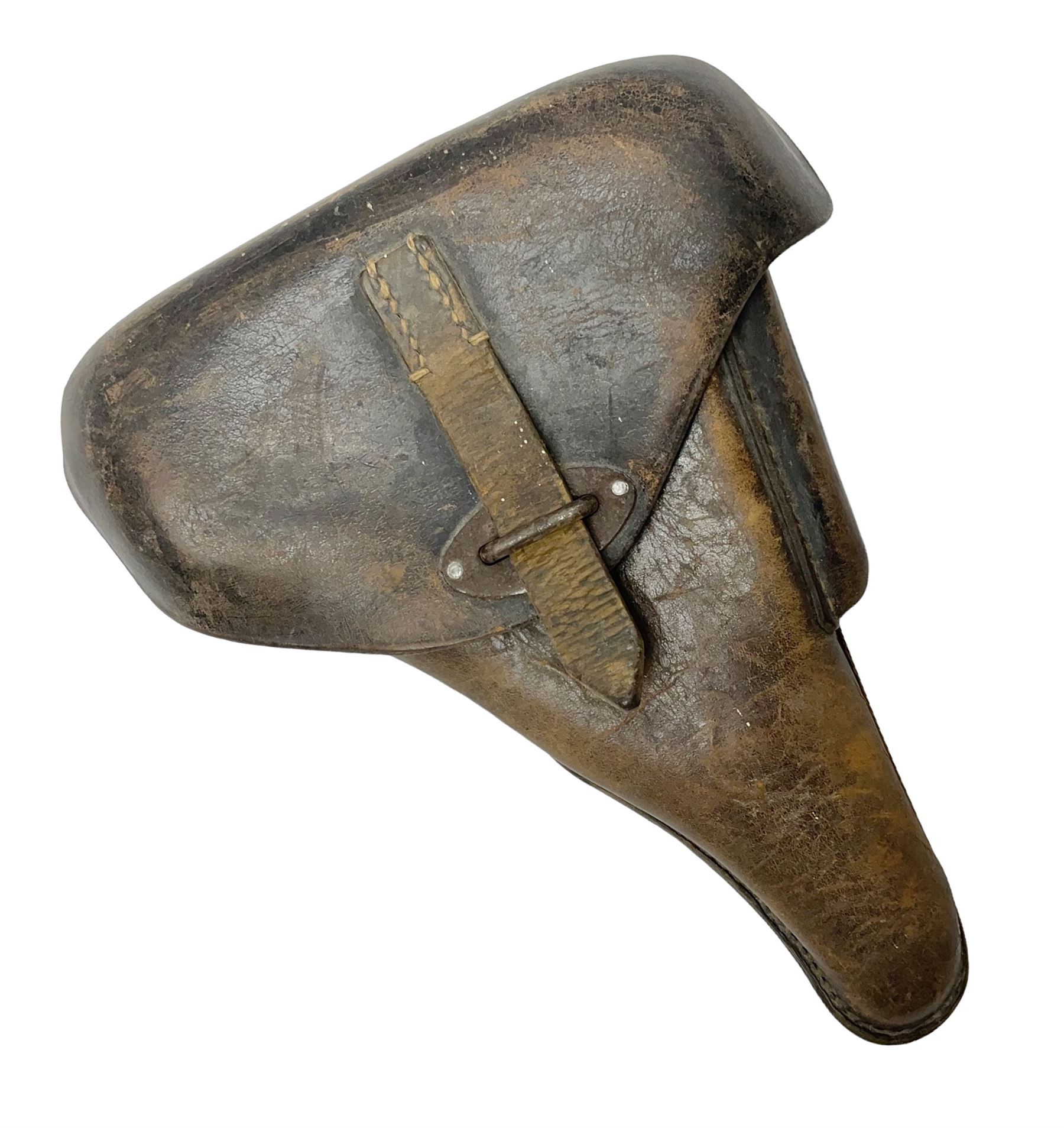 WWII German brown leather holster with side magazine pouch for a Walther P.38 semi-automatic pistol, stamped P38 and OWX 1941 on back L24.5cm