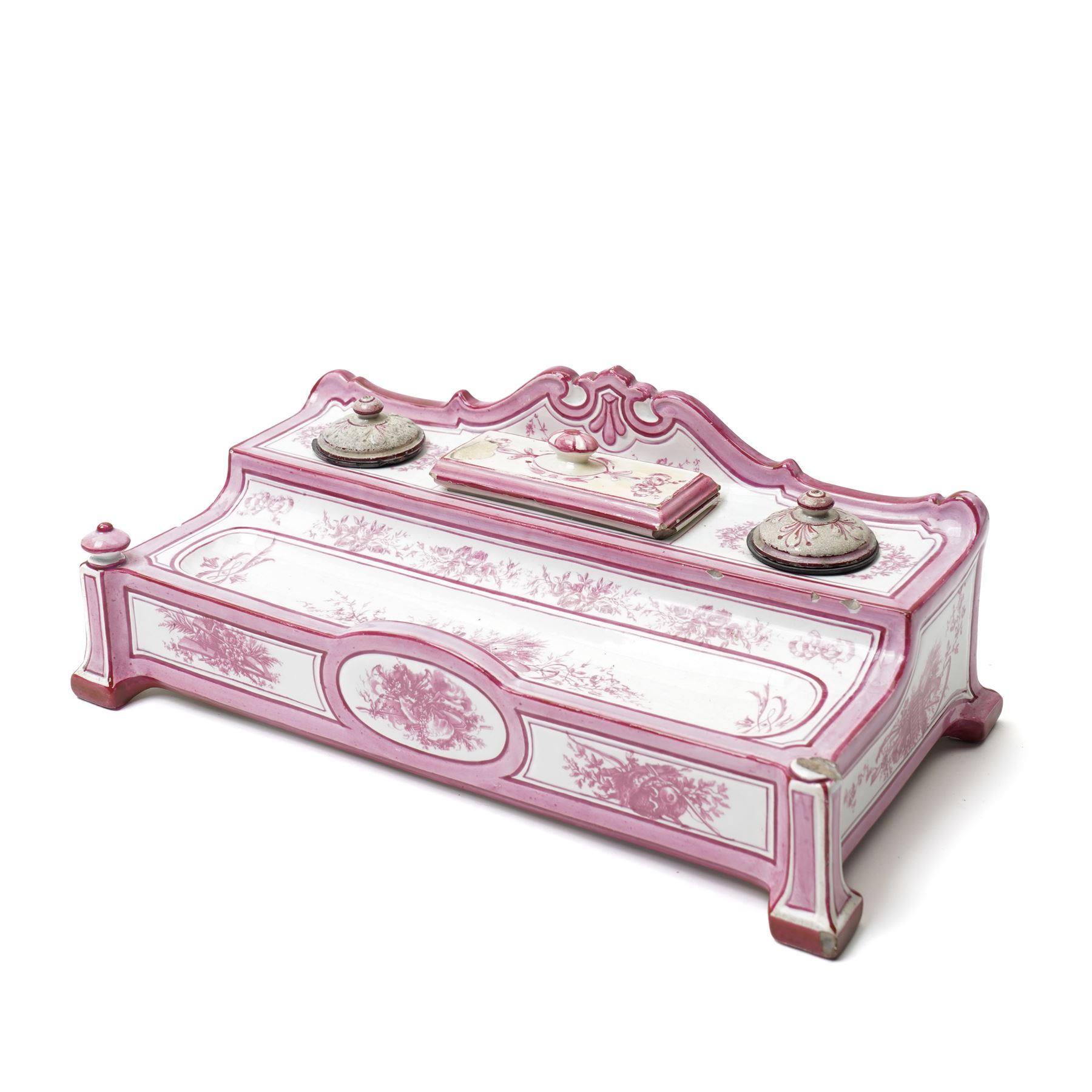19th Century French enamelled porcelain inkstand, by Gien, in shades of pink and white, with twin inkwells and pen tray, printed marks to base W31cm D16cm