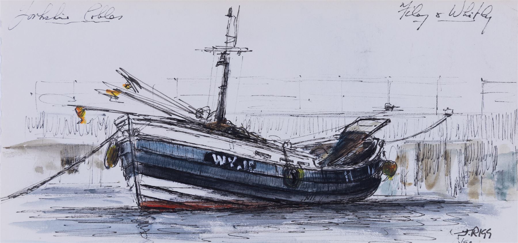 Jack Rigg (British  1927-2023): Whitby Fish Quay Portraits and Yorkshire Cobles - Filey and Whitby, two pen and ink sketches variously inscribed and dated, 25cm x 20cm and 11.5cm x 25cm (2) (unframed)