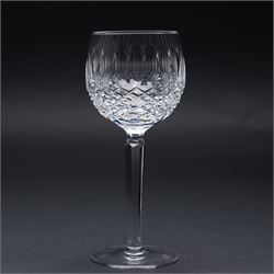 Suite of Waterford Colleen pattern table glass comprising six claret glasses, six hock glasses, six small tumblers, six sherry glasses and two decanters