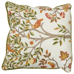 Contemporary set of six jacquard woven scatter cushions, each with a patchwork effect of floral, damask and dotted motifs in a palette of gold, blush, and cream, piped edging throughout, together with a square cushion with embroidered tree and bird design on a cream linen ground (H 40cm, W 40cm, D 14cm)