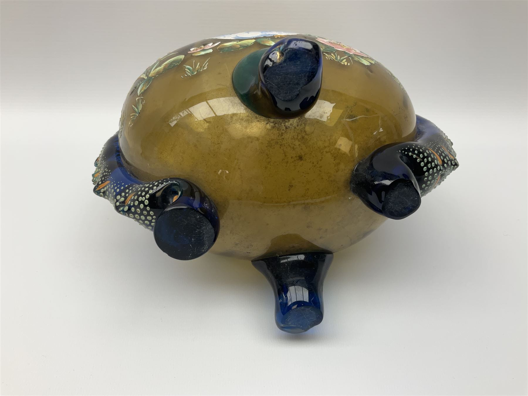 Pair of 19th century glass vases in the style of Auguste Jean, of bulbous form with lobed rim and applied blue glass zoomorphic handles, painted with enamel flowers, dragonflies and swans, upon four blue glass feet, H26cm