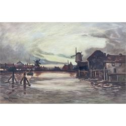 John L Leese (Early 20th century): Dutch Waterway with Windmills, oil on canvas signed and dated 1914, 30cm x 45