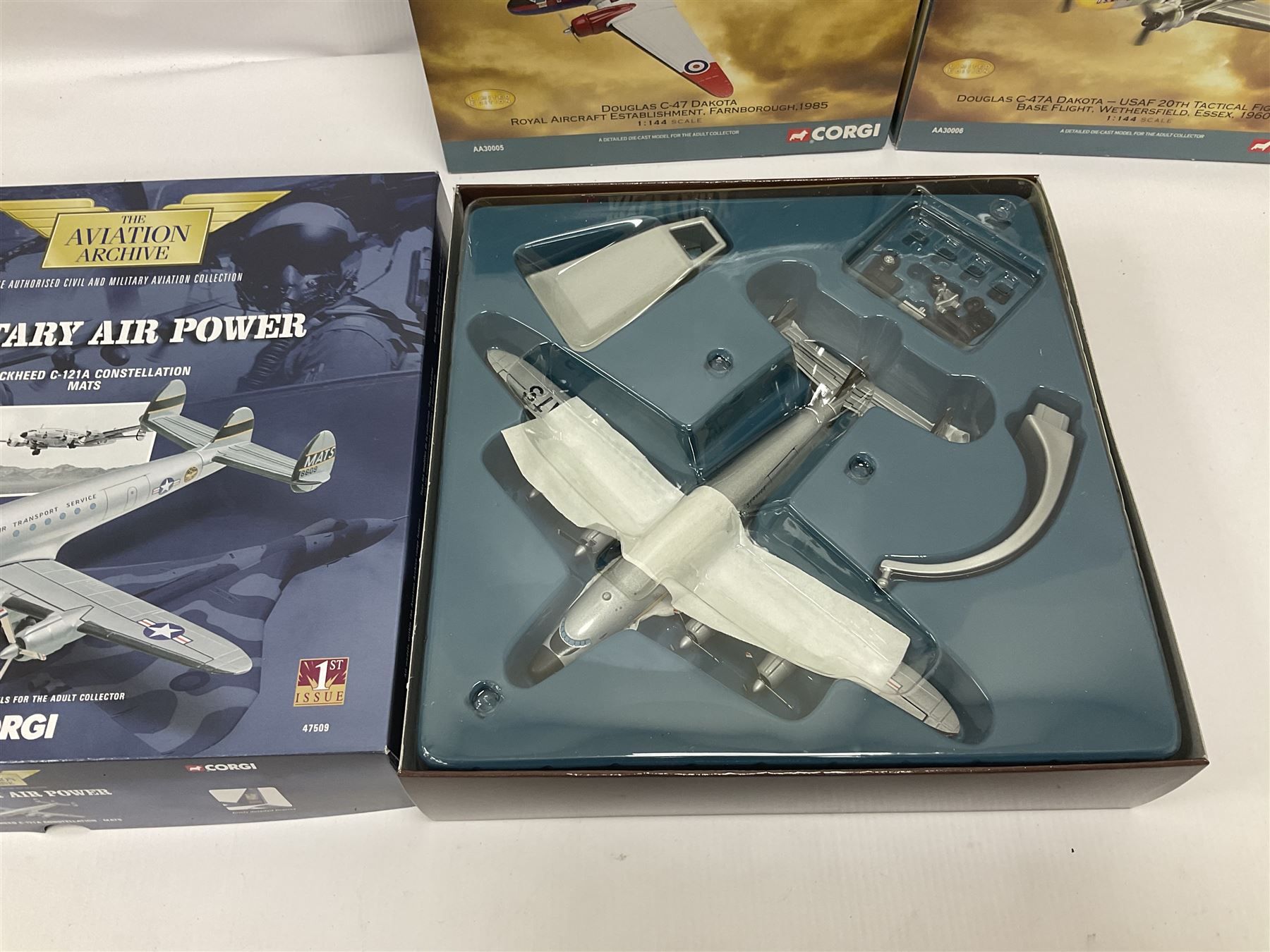 Corgi - Aviation Archive, five ‘Military Air Power’ 1:144 scale models comprising first issue 47509 Lockheed C-121A Constellation Mats; limited edition 48604 Bristol Britannia 253/CMK1 XM-496 Royal Air Force Transport Command limited edition no.1863/2700; two limited edition Thunder in the Skies models AA30005 Douglas C-47 Dakota no.1093/1900, and AA30507 Vickers V.838 Viscount no.1366/1500; limited edition AA30006 Modern Era Douglas C-47A Dakota - USAF 20th Tactical Fighter Wing no.639/1400; all boxed 