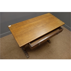  20th century rectangular oak side table, singular drawer with handles, two solid end supports joined by single stretcher, W107cm, H74cm, D52cm  
