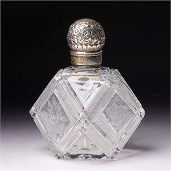 Edwardian glass globe scent flask with silver cover H13cm Birmingham 1905 and another of etched panel sided form with silver cover by Hilliard &Thomason (2)