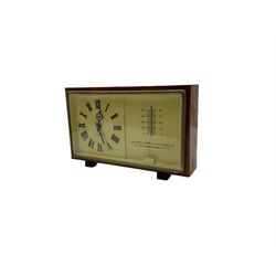 A vintage Retro Russian VEGA clock c1960, with a 15-jewel spring driven balance wheel movement, integral winding key, wound and set from the rear, in a rectangular oak finished case, cream dial with contrasting black roman numerals and contemporary styled steel hands, with a matching barometer and thermometer within a rectangular bezel and glass.





