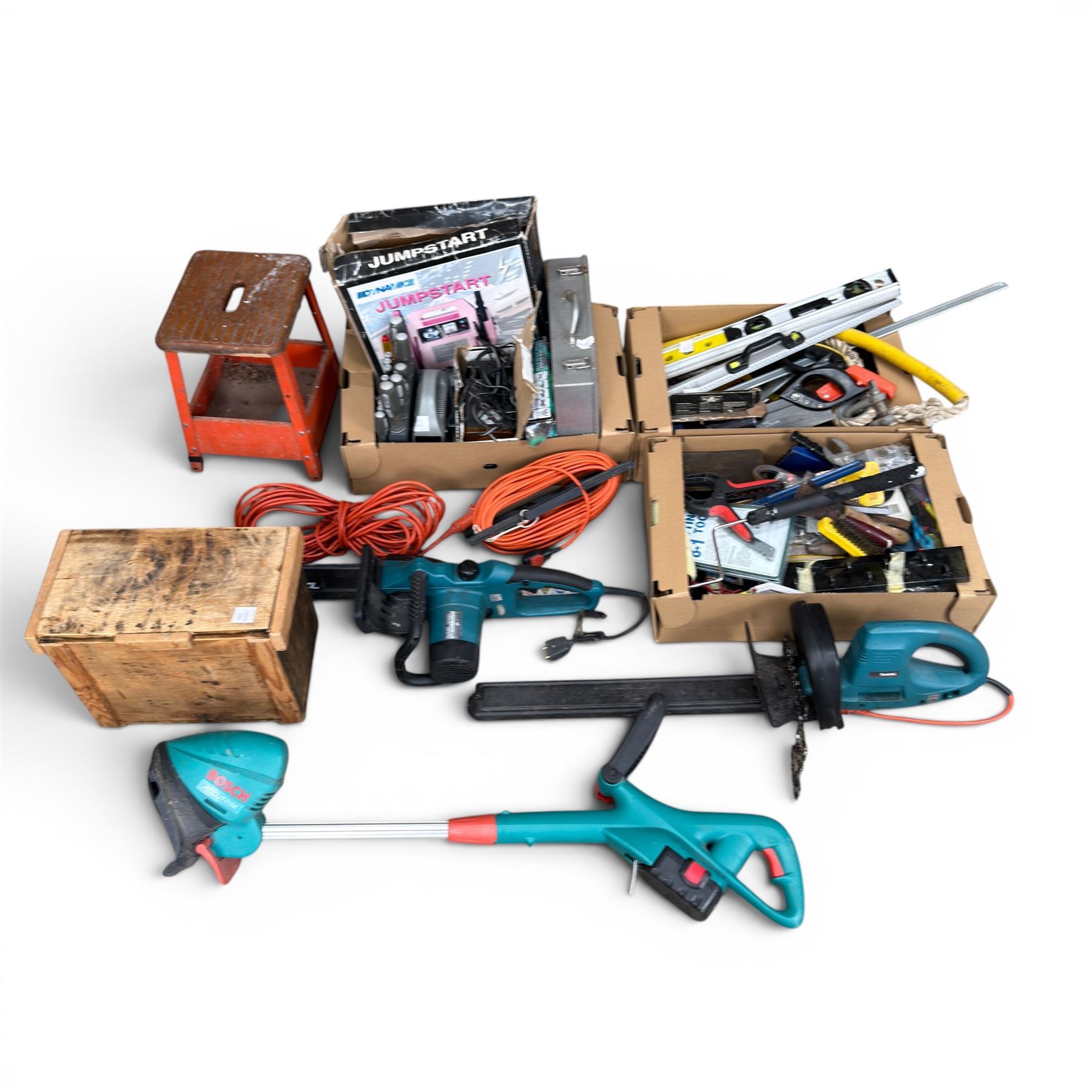 Makita UC2520A electric chainsaw, DeWalt cordless drill and various other tools