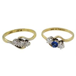 Early 20th century three stone sapphire and diamond ring and a three stone diamond ring, both stamped 18ct Plat