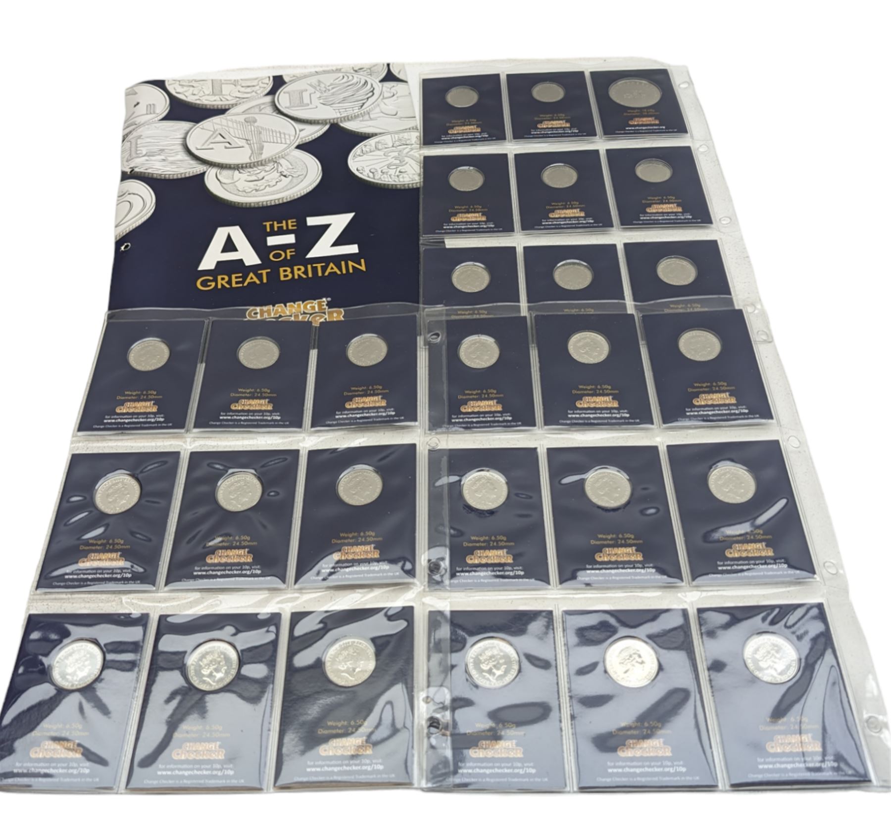 Queen Elizabeth II United Kingdom 2018 A to Z ten pence coin collection, with completer medallion, on Change Checker cards