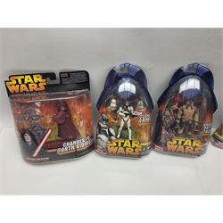 Star Wars - thirty-four Hasbro 2005 'Revenge of the Sith' carded action figures; nos.3,4,6 x 2, 8, 15, 16, 17, 20, 22, 24, 33, 34, 37 x 2, 38 x 2, 39, 43, 46, 51, 52, 53, 54, 57, 62, 63, 68, 1 of 4, 2 of 4, 3 of 4, 4 of 4, Holographic Emperor and Emperor Palatine; all unopened