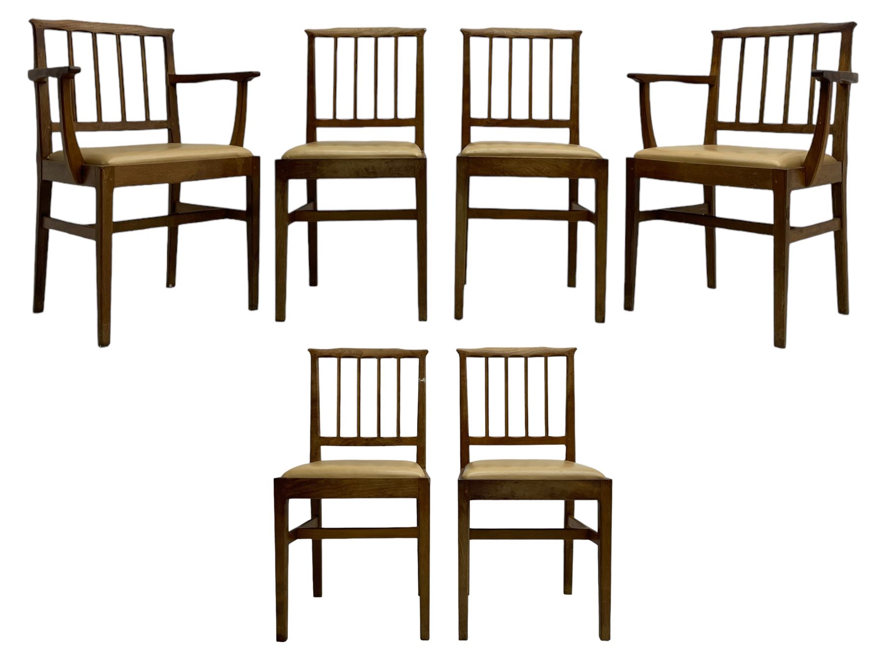Acornman - set six (4+2) oak dining chairs, shaped cresting rail over moulded upright slats, square tapering supports joined by H-stretchers, by Alan Grainger, Brandsby, York