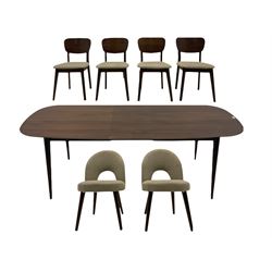 Bentley Designs - Premier collection “Oslo” contemporary walnut extending dining table and Six chairs upholstered in steel grey fabric. 