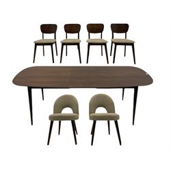 Bentley Designs - Premier collection 'Oslo' contemporary walnut extending dining table and six chairs upholstered in steel grey fabric. 