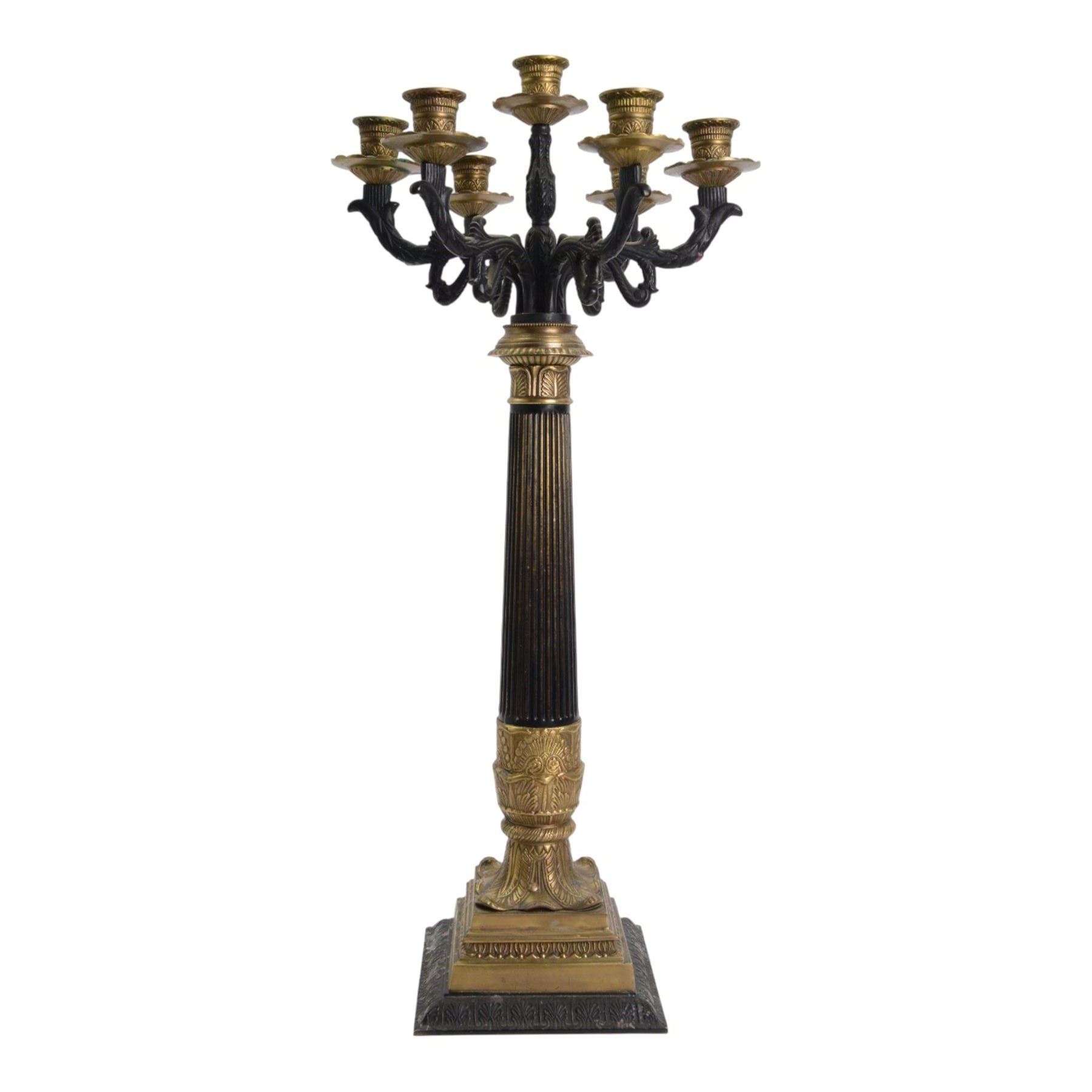 Pair of 20th century Corinthian column seven branch candelabra, with gilt brass sconces and swept acanthus leaf pedestal bases, H69cm (2)