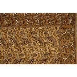 North West Persian Tabriz hand-knotted carpet, field with an all-over repeating boteh design arranged in rows, enclosed by a complimentary border flanked by guard stripes, in a palette of camel, beige and brown tones, with cotton fringe ends 