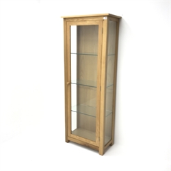  Solid light oak display cabinet, single door, three glazed shelves, W65cm, H171cm, D35cm  