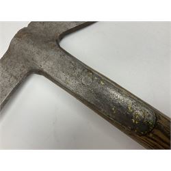 Post-War military type fireman's axe impressed 'PERKS 1953/54' with additional indistinct mark probably WD arrow, ash handle L39cm; and another stonemason's(?) double headed axe with mallet shaped shaft (2)