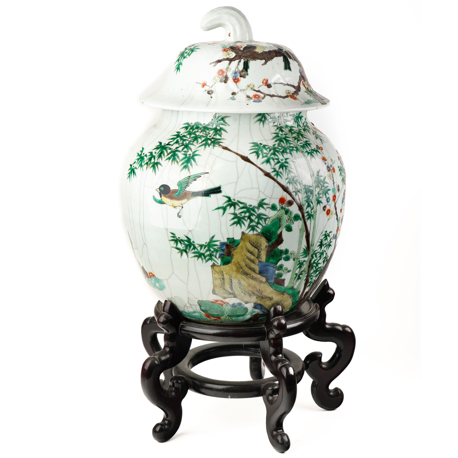 Late 19th century Chinese famille verte crackled ice pot and cover, of ovoid form, decorated with birds, blossom and bamboo, the cover with handle formed as a root, with hardwood display stand H50cm