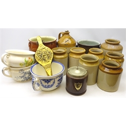  Wedgwood 'Galatea' pattern chamber pot, two other chamber pots, oak biscuit barrel, stoneware flagon, brass fire bellows, crock pot and other stoneware jars etc   