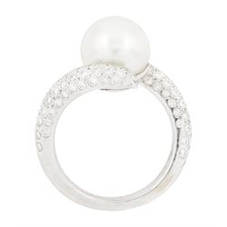 Chanel 18ct white gold pearl and diamond crossover ring, single cultured white / grey pearl, with pave set round brilliant cut diamond shoulders, hallmarked