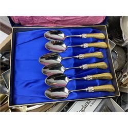 Quantity of silver plate, to include fish knives and forks with silver ferrules, halmarked, Coalport and Cutlass cased teaspoons, bowls, tankard, flatware etc, together with two wooden canteen cases, in two boxes 