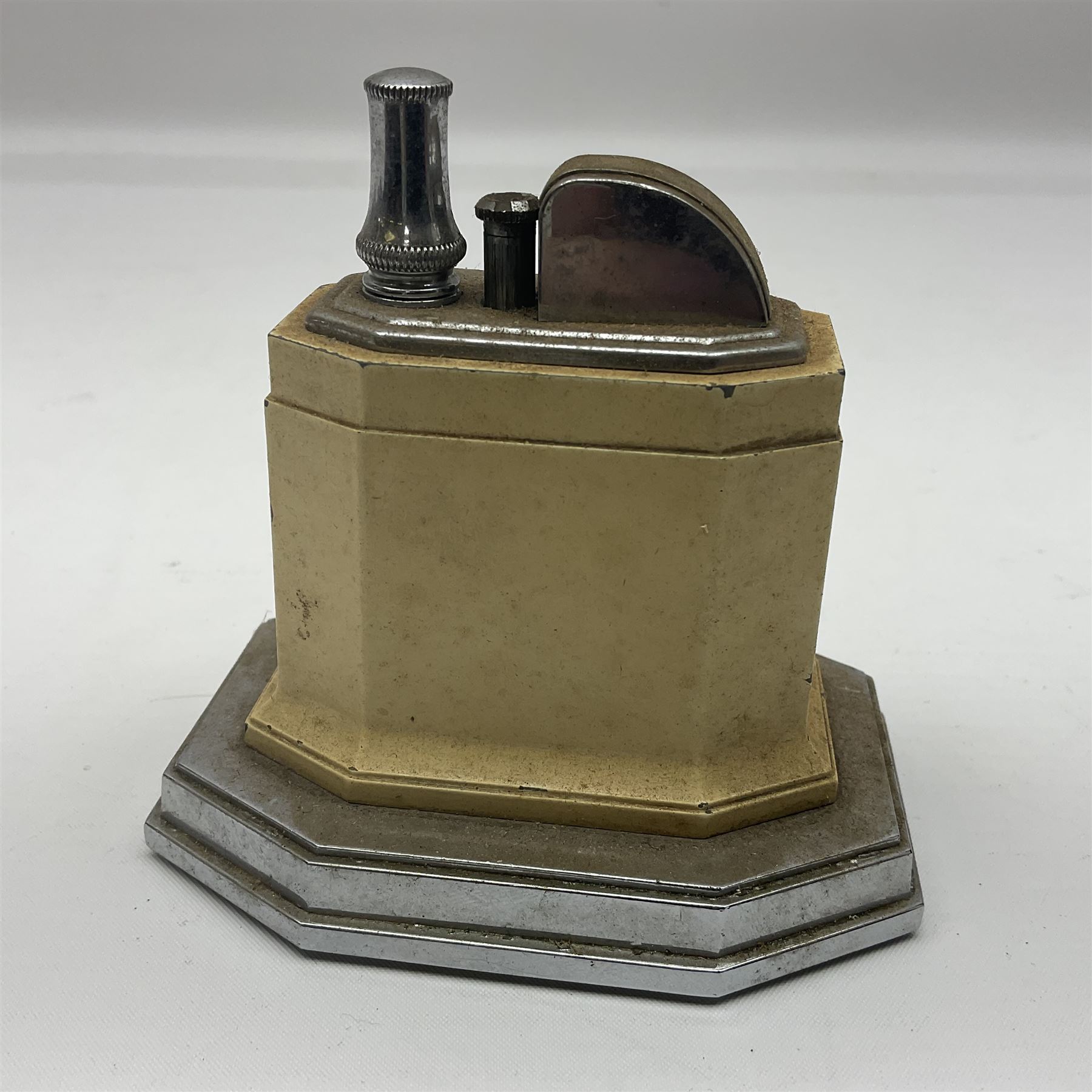 Art Deco Ronson Touch Tip table lighter, with octagonal cream enamel body on chrome base, H9.5cm