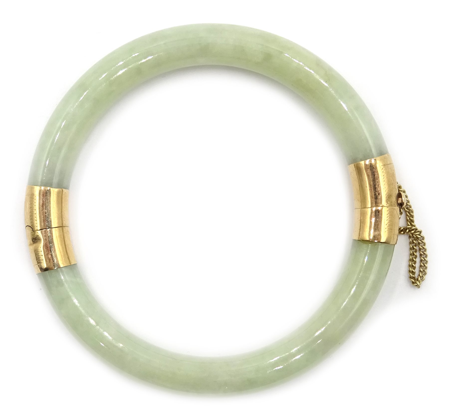 Jade bangle gold mounts and hinge stamped 9K 375 Jewellery, Watches