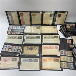 Mint and used stamps on stockcards, many being from Guatemala, including  various 1878 values, 1929 'Oficial' triangle stamps,1933 values to one Centavos, 'Aereo Exterior 1934' overprints, various other overprints, postal stationary etc, housed in four small boxes
