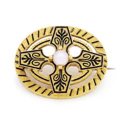Victorian gold pearl and enamel mourning brooch, set with a single split pearl in a pierce...