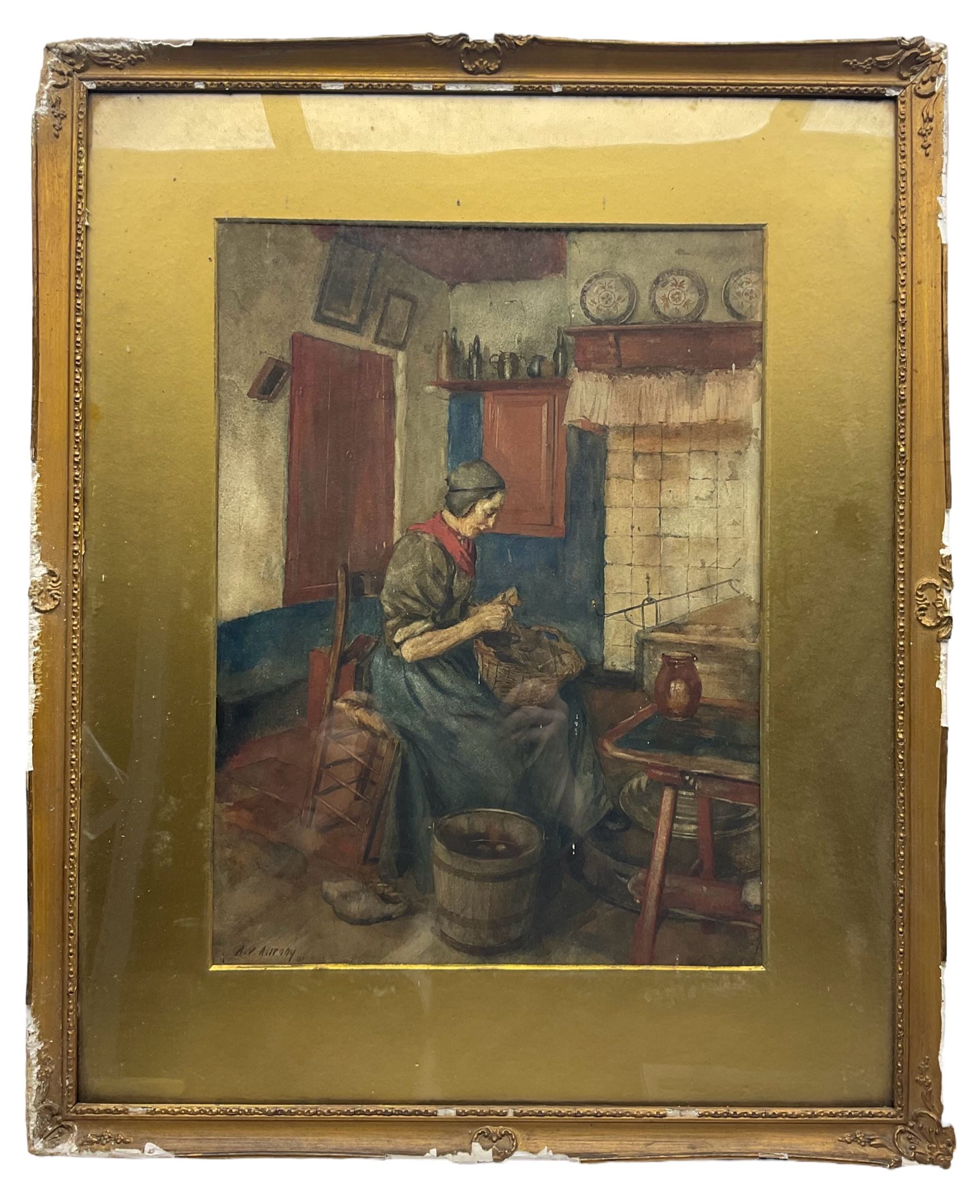 Anton Abraham Van Anrooy (Dutch 1870-1949): Interior Scene of Old Woman Peeling Potatoes, watercolour signed and dated '01, 40cm x 30cm 
