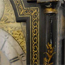 William Hayler of Chatham (Kent) - Fine George III black japanned chinoiserie decorated longcase clock c1760,  hood with a break arch top, glazed side panels and three matching wooden finials, conforming hood door beneath with attached pilasters, long trunk with a  break arch door and moulded surround, on a square double stepped plinth with a flat base, case and hood profusely decorated with scenes of gilt pagodas, temples, birds, people and panels of floral decoration, brass dial with cast brass spandrels and a silvered boss to the arch, silvered chapter with Roman numerals, minute track and five minute Arabic's, matted dial centre with seconds dial, date aperture, matching steel hands and silvered cartouche with makers name, dial pinned directly to a five-pillar rack striking movement with a recoil anchor escapement. With  pendulum, weights  and key.
William Hayler is recorded as working in High Street, Chatham, from 1750-1810, possibly two makers (father & son) working in succession.

